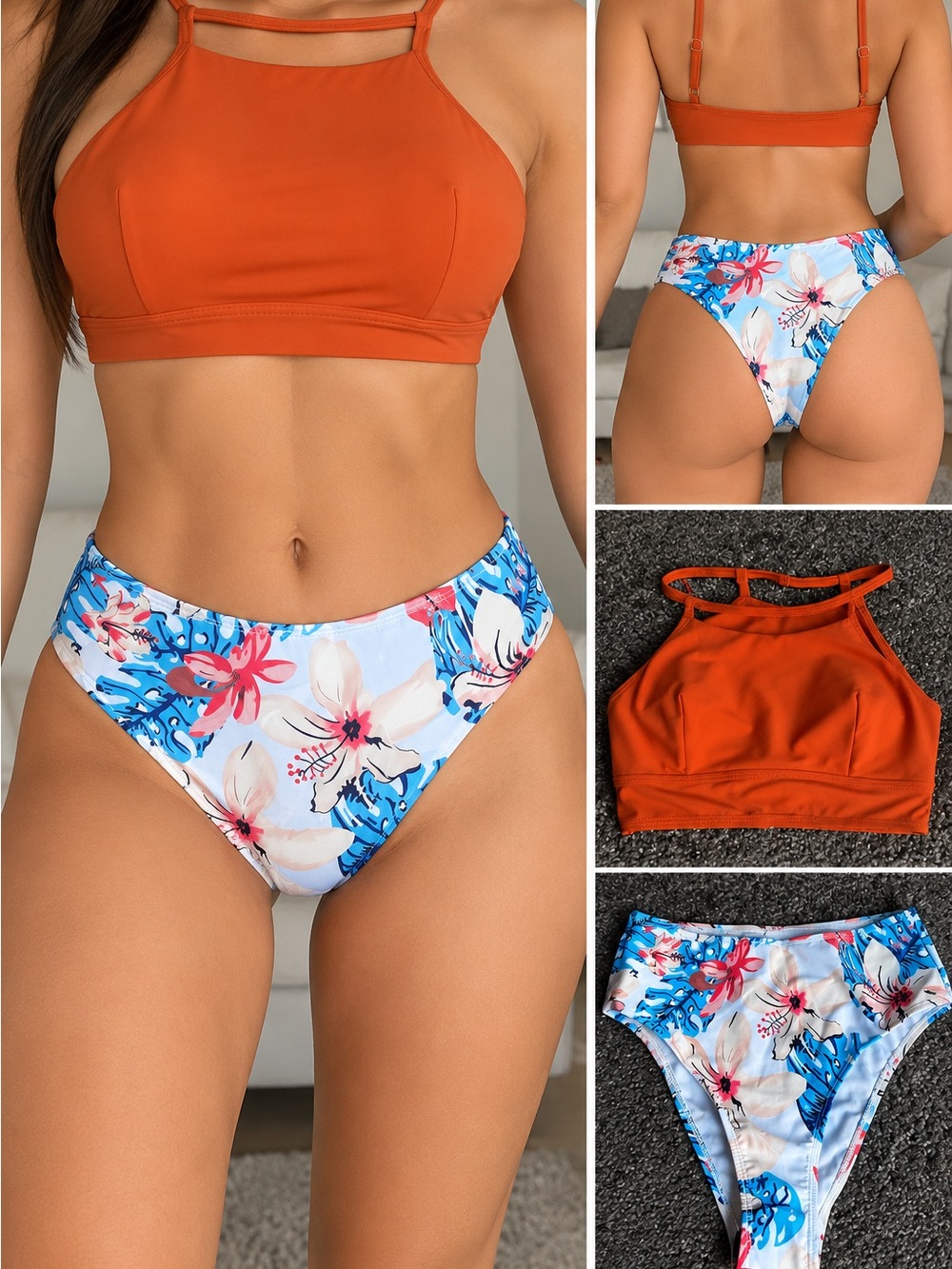 Rust Floral High-Neck Bikini Set - Women's Swim